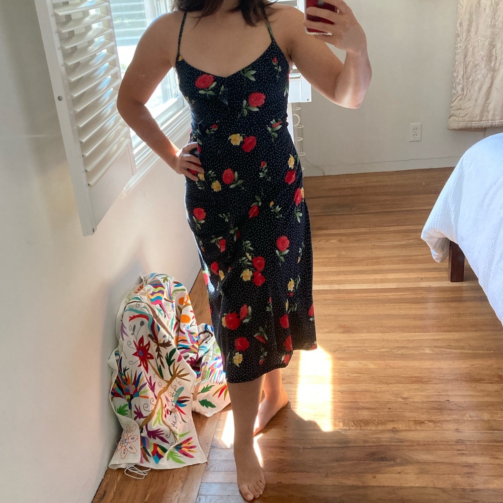 Polka dot rose print ruffle dress